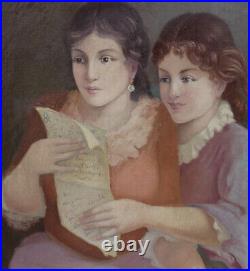 Grand & Magnifique Tableau 1900-1920. Deux Jeunes Femmes Lisant Une Lettre Grand & Magnifique Tableau 1900-1920. Deux Jeunes Femmes Lisant Une Lettre