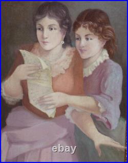 Grand & Magnifique Tableau 1900-1920. Deux Jeunes Femmes Lisant Une Lettre Grand & Magnifique Tableau 1900-1920. Deux Jeunes Femmes Lisant Une Lettre