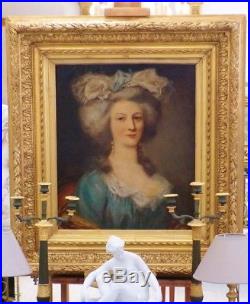 Grand Portrait d'Une Dame De Qualité, Huile Sur Toile Dans Cadre Doré époque XIX