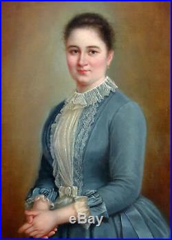 Grand Portrait de femme Huile sur toile fin XIXème siècle vers 1890