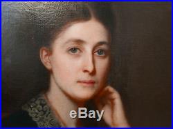 Grand Tableau Ancien Huile Portrait Jeune Femme Éventail Camée XIXe à restaurer