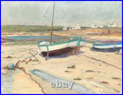 Grand Tableau HST -Bateaux à Marée Basse- Signé -XXème- IMPRESSIONIST PAINTING