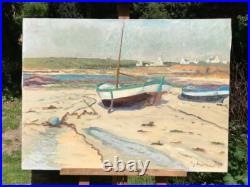 Grand Tableau HST -Bateaux à Marée Basse- Signé -XXème- IMPRESSIONIST PAINTING