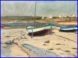 Grand Tableau HST -Bateaux à Marée Basse- Signé -XXème- IMPRESSIONIST PAINTING