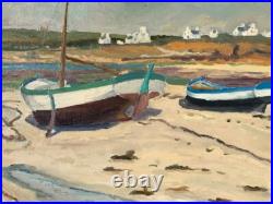Grand Tableau HST -Bateaux à Marée Basse- Signé -XXème- IMPRESSIONIST PAINTING