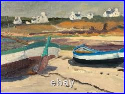 Grand Tableau HST -Bateaux à Marée Basse- Signé -XXème- IMPRESSIONIST PAINTING