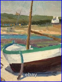 Grand Tableau HST -Bateaux à Marée Basse- Signé -XXème- IMPRESSIONIST PAINTING