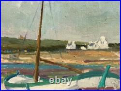 Grand Tableau HST -Bateaux à Marée Basse- Signé -XXème- IMPRESSIONIST PAINTING