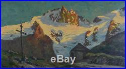 Grand Tableau Montagne Alpes Coucher de Soleil La Meije 1930 signé sv. Poignant