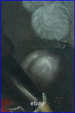 Grand Tableau ancien Portrait d'homme Perruque Armure Harmet Blason 17 ème hst