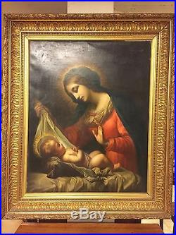 Grand Tableau huile sur toile Vierge à l'Enfant XIXe siècle