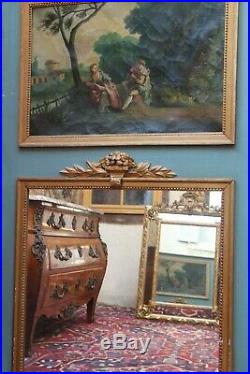 Grand miroir glace de cheminée trumeau tableau huile sur toile 19e Louis 16