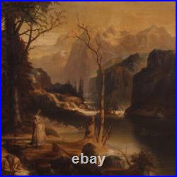 Grand paysage romantique tableau signé peinture huile sur toile 19ème siècle