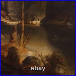 Grand paysage romantique tableau signé peinture huile sur toile 19ème siècle