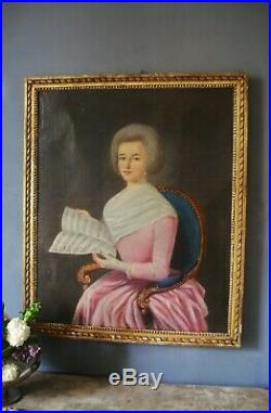 Grand portrait Jeune Femme à la Partition, 80 x 66 Ecole Française 18 eme HST