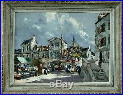 Grand tableau 1950 P Wilnay marché dans un village de Bretagne école bretonne