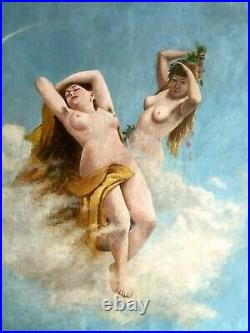 Grand tableau HST XIX siècle Femmes dans un ciel signé P Nancey 123cm x 123cm