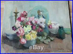 Grand tableau ancien HST Bouquet de roses Marthe BOELENS (1905-) Ecole belge