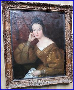 Grand tableau ancien Portrait de dame Anonyme Superbe