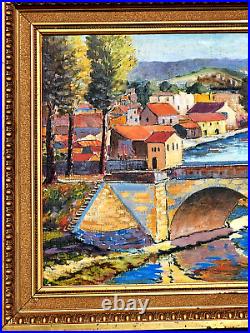 Grand tableau ancien signée Paysage Bord de rivière. Peinture huile sur toile