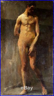 Grand tableau ancien superbe portrait de jeune homme nu
