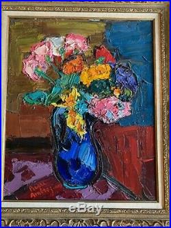 Grand tableau de Pierre Ambrogiani (1907-1985) Bouquet De Fleurs Au Vase Bleu