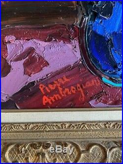 Grand tableau de Pierre Ambrogiani (1907-1985) Bouquet De Fleurs Au Vase Bleu