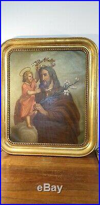 Grand tableau huile sur toile XIX em Saint joseph et l' enfant jesus christ