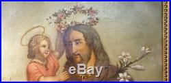 Grand tableau huile sur toile XIX em Saint joseph et l' enfant jesus christ