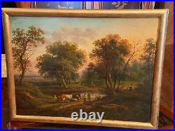 Grand tableau huile sur toile fin XVIIIe Georget paysage animé vaches rivière