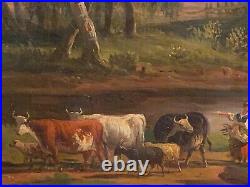 Grand tableau huile sur toile fin XVIIIe Georget paysage animé vaches rivière