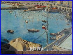 Grand tableau huile toile peinture orientaliste vue port d'Alger signé Lhéritier
