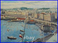 Grand tableau huile toile peinture orientaliste vue port d'Alger signé Lhéritier