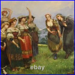 Grand tableau signé peinture huile sur toile paysage femmes 20ème siècle 900
