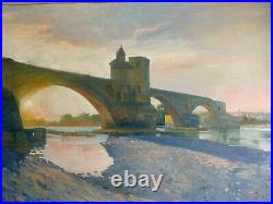 Grande HUILE SUR TOILE Vue du Pont d'Avignon et de la tour Philippe Le Bel