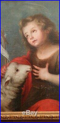 Grande Huile Sur Toile XVII religion Saint Jean baptiste l'enfant et l'agneau