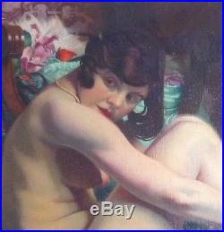 Grande huile sur toile nu assis 1929 art déco G. NAUWELAERST