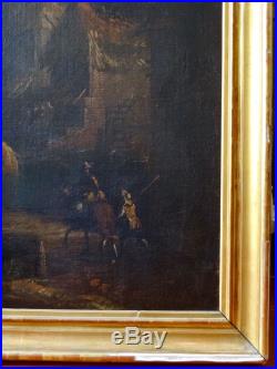 Grande huile sur toile paysage animé école hollandaise époque XVIIIe