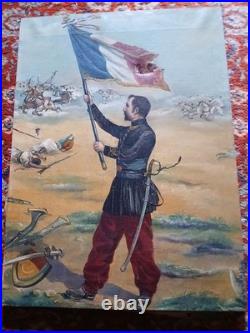 Grande huile sur toile signée officier drapeau régiment de zouaves époque 1900