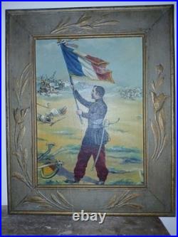 Grande huile sur toile signée officier drapeau régiment de zouaves époque 1900