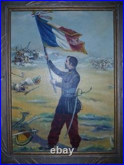 Grande huile sur toile signée officier drapeau régiment de zouaves époque 1900