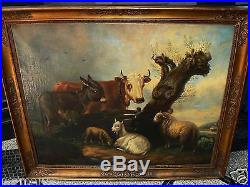Grande peinture paysage Aux animaux de ferme ne vache mouton 19eme ec flamande