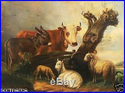 Grande peinture paysage Aux animaux de ferme ne vache mouton 19eme ec flamande
