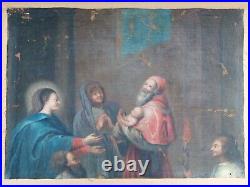 Grande peinture religieuse XVII huile sur toile putti marie apôtre saint jesus