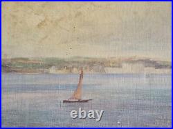 HST 1920 huile sur toile paysage marin bateau tableau ancien signé Marine