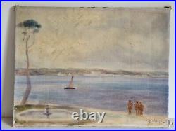 HST 1920 huile sur toile paysage marin bateau tableau ancien signé Marine