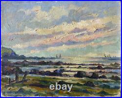 Henri TURON-LAGAU (1905-1997), la plage de Villerville, 1950's, huile sur toile