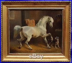 Hermann LOESCHIN (-1872) cheval blanc et chien à l'écurie, equitation
