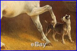 Hermann LOESCHIN (-1872) cheval blanc et chien à l'écurie, equitation