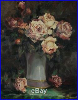 Hubert Borguet, 1908-1998, Fleurs, Superbe bouquet de roses, Circa 1950, Huile